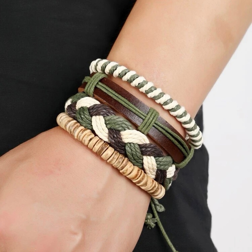 ✧ 4/$15 4PC Men’s Nature Tones Cowhide Beaded Bracelet Bundle